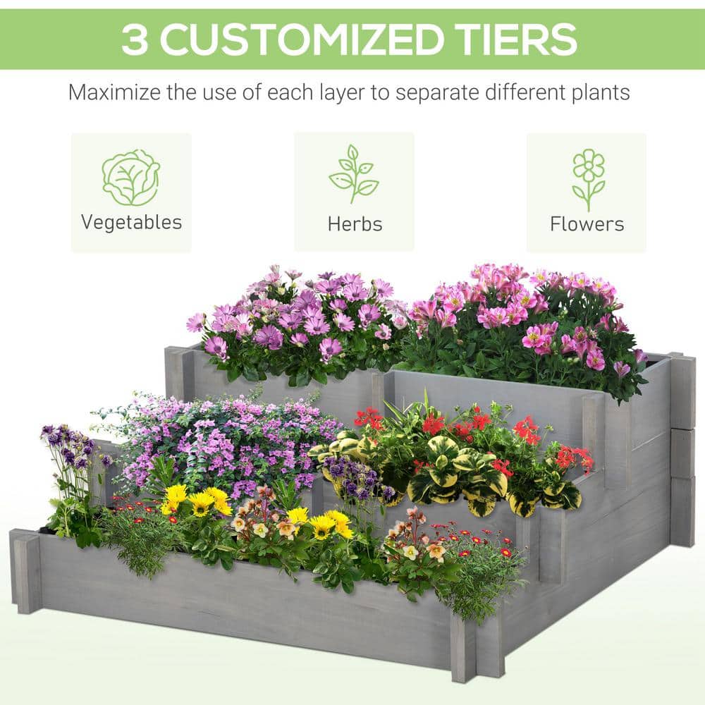 Gray 3-Tier Raised Garden Bed for Outdoor Plants