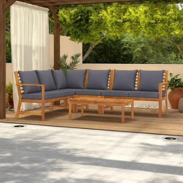 Roma 5-Piece Wood Outdoor Sofa Sectional Set with Gray Cushion and Brown Coffee Table