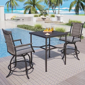 3-Piece Metal Bar Height Outdoor Bistro Set with Square Table and Rattan Bistro Chairs with Gray Cushion