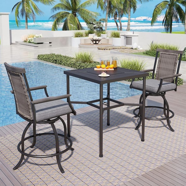 PHI VILLA 3 Piece Metal Bar Height Outdoor Bistro Set with Square Table and Rattan Bistro Chairs with Gray Cushion THD3 408131 The Home Depot