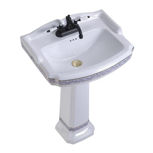 India Reserve 22-7/8 in. Pedestal Combo Bathroom Sink in White Vessel Sink Basin with Blue and Gold Design Overflow