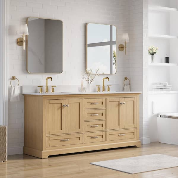 72 in. Solid Wood Freestanding Double Sink Oak Bath Vanity with White Cultured Marble Top, Soft-close Door and Drawer