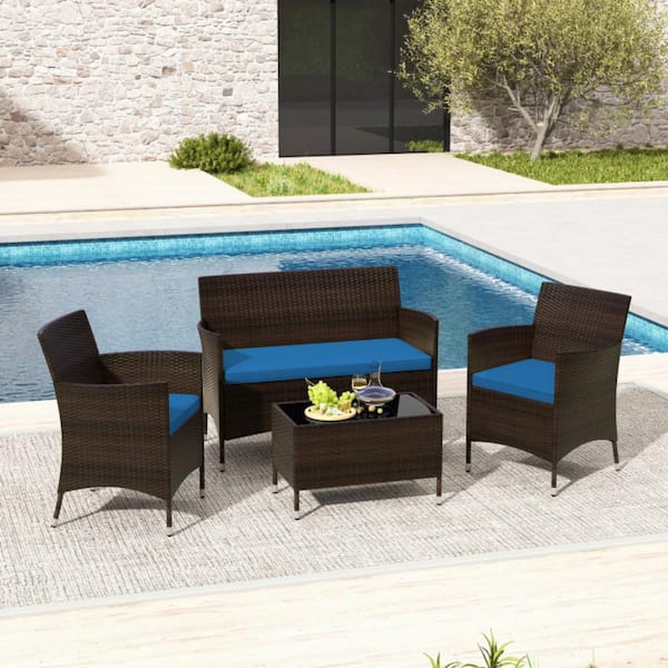 Kadehome 4-Piece Wicker Patio Conversation Set with Peacock Blue Cushions