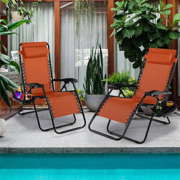 HONEY JOY 2-Piece Metal Outdoor Chaise Lounge Zero Gravity Chair Adjustable Recliners Textiliene in Orange