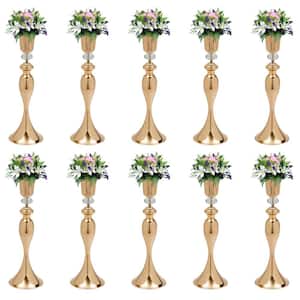 10-Piece 21.7 in. Tall Wedding Centerpieces Gold Metal Tabletop Flower Trumpet Vases with Crystal Bead