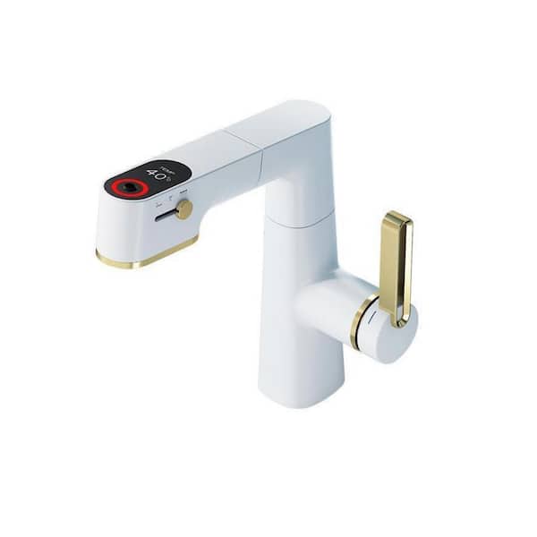 Tomfaucet Digital Display 3-Spray Pull-Out Single Handle Single Hole Bathroom Faucet in White