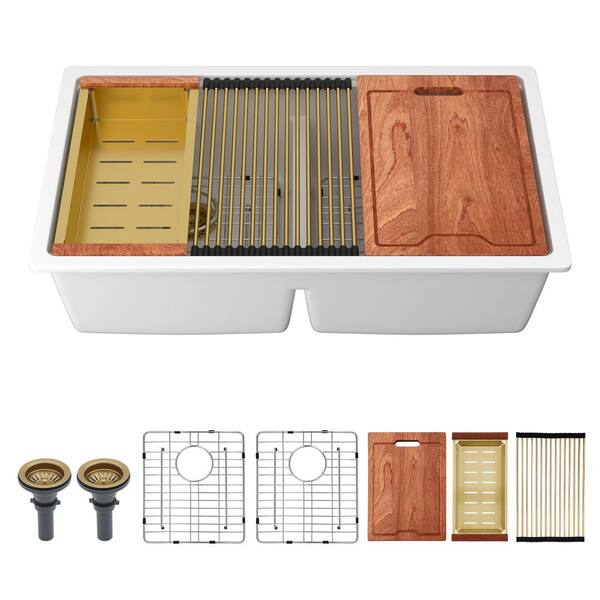 33 in. Undermount Double Bowl White Quartz Kitchen Sink with Cutting Board/Bottom Grid/Colander/Gold Baskets Strainers