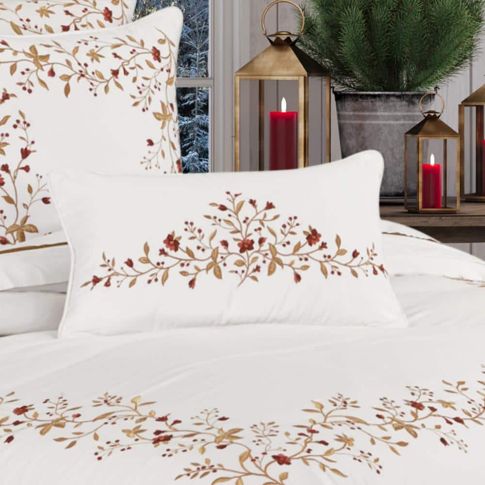 Joyeux White Embroidered Floral Cotton Boudoir Pillow
