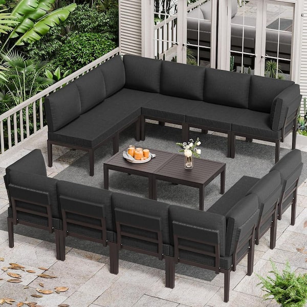 Halmuz 14-Piece Metal Outdoor Sectional Set with Black Cushion