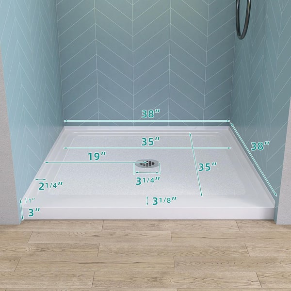 38 in.L x 38 in.W Alcove Shower Pan Base Single Threshold Shower Tray with Center Drain in White Square Acrylic Pan Base