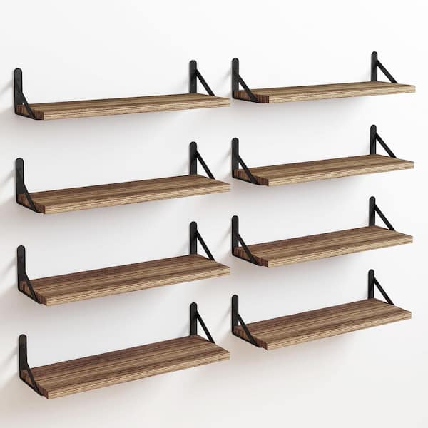 0.6 in. H x 15.8 in. W 8-Shelf Rustic Wood Wall Shelves Set Carbonized Brown Solid Wood Floating Shelves for Home Decor