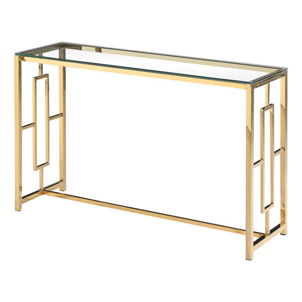 Gold and Clear Glass Console Table with Stainless Steel Base