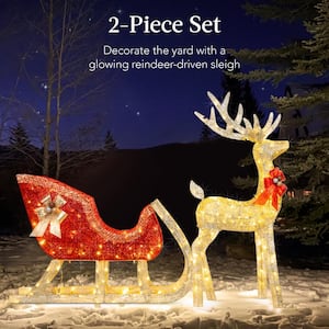 48 in. LED Metal Reindeer Sleigh Christmas Yard Decor with Stakes