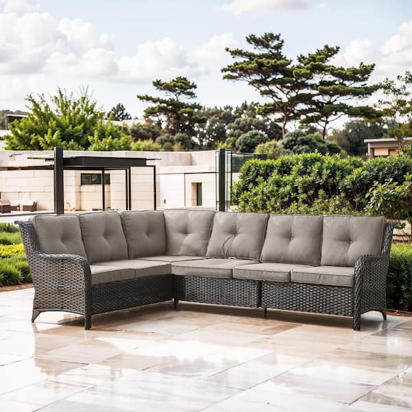 Opohoro Brown Wicker Outdoor Sectional Sofa, 6-Seater L-Shaped Patio Couch with Gray Cushions for Deck Backyard Sunroom