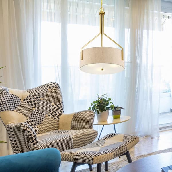 Elara 60-Watt 3-Light Brushed Gold Modern Pendant Light with Beige Linen Shade and No Bulbs Included