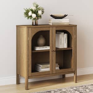Mason Free Standing Accent Sideboard Buffet Storage Cabinet with Glass Doors and Adjustable Shelves, Brushed Light Brown