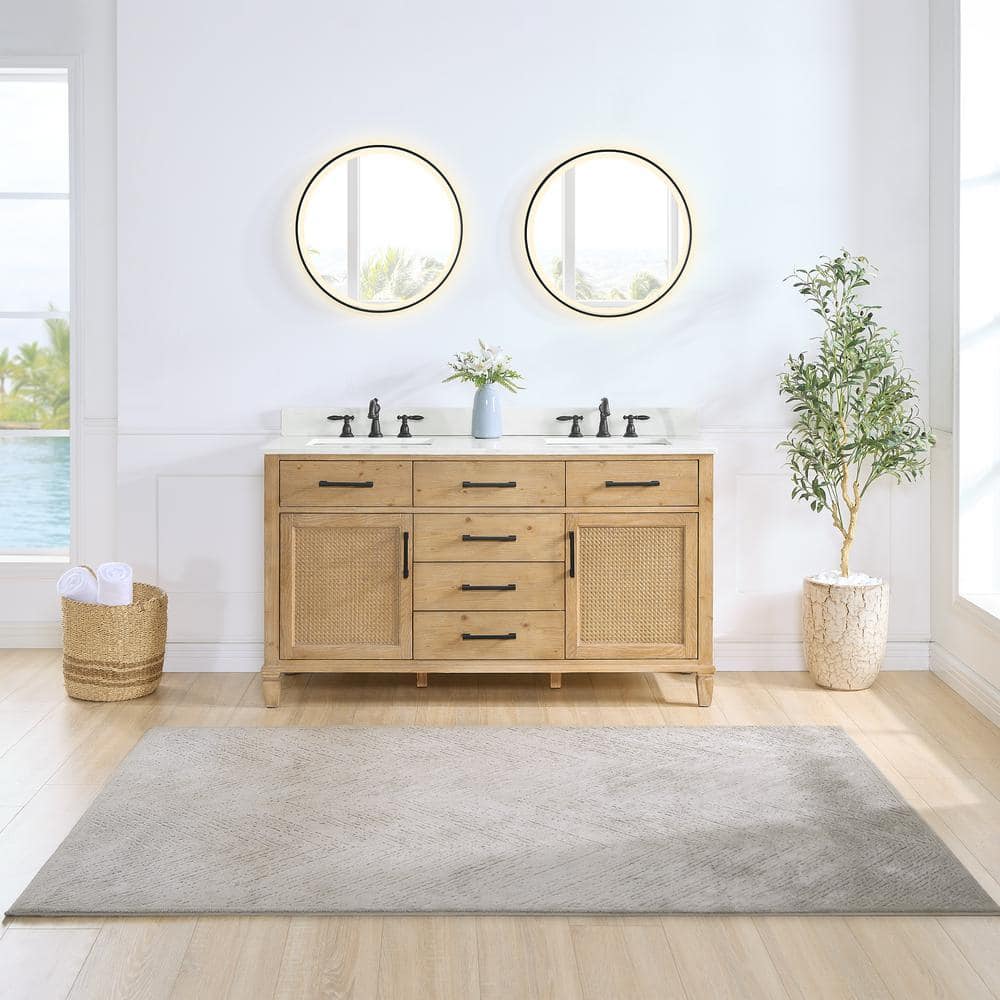 Solana 60" Weathered Fir Double Sink Vanity with White Quartz Top and Mirrors
