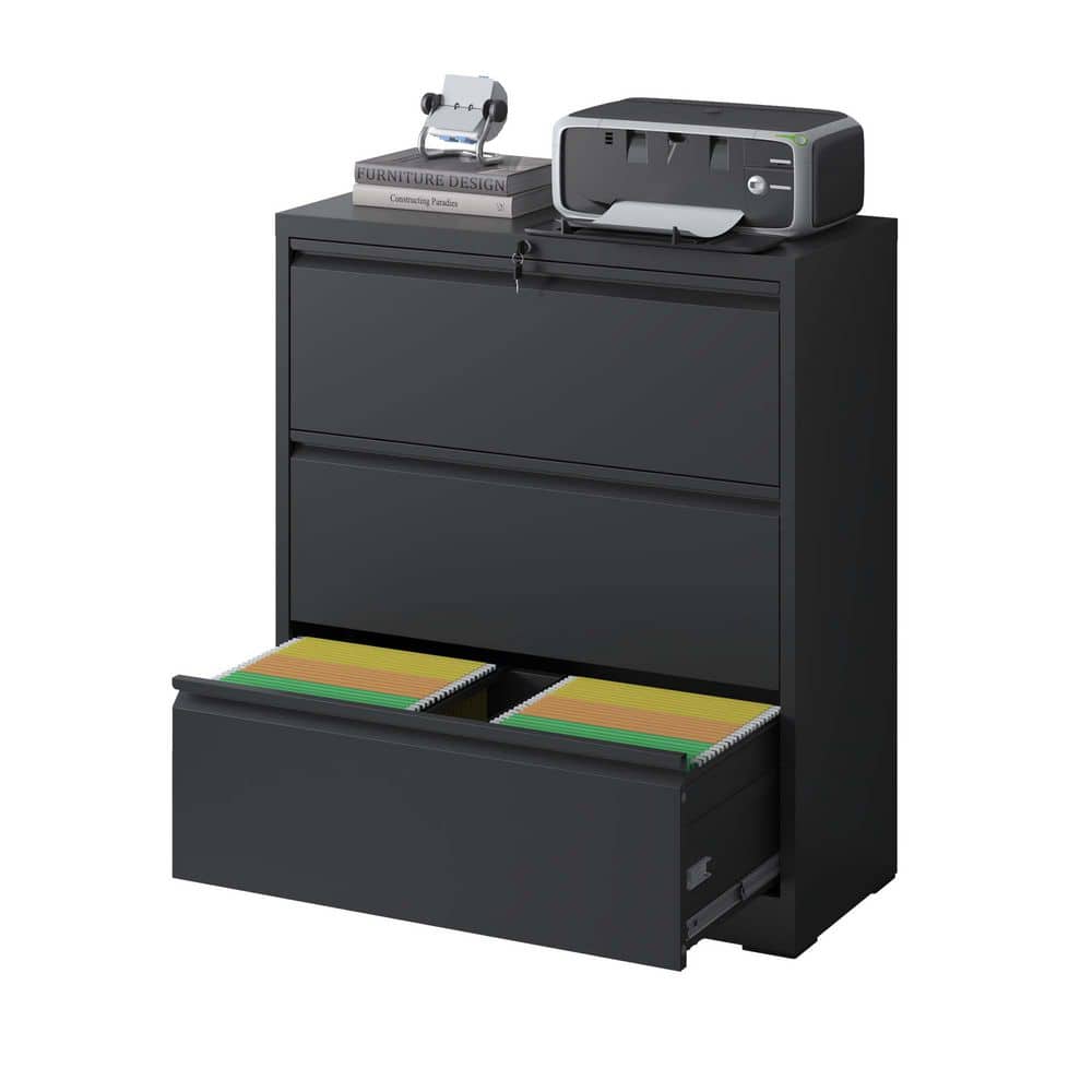 Modern 3-Drawer Black Metal 35.43 in. W Lateral Vertical Locking Storage File Cabinet