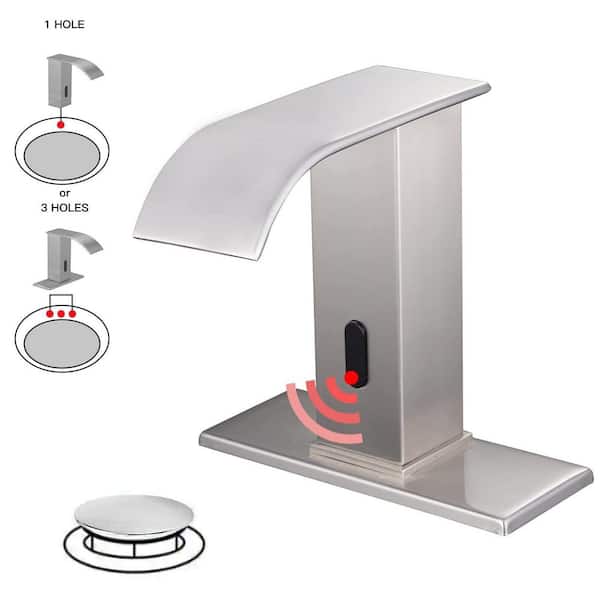 BWE Battery Powered Touchless Single Hole Bathroom Faucet With Drain Kit And Temperature Control In Brushed Nickel