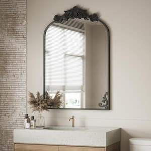 24 in. W x 38 in. H Arched Black Metal Framed with Carved Decoration Wall Mirror Vanity Mirror