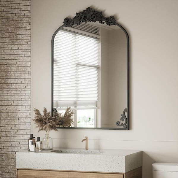 GLSLAND 26 in. W x 41 in. H Arched Black Metal Framed with Carved Decoration Wall Mirror Vanity Mirror