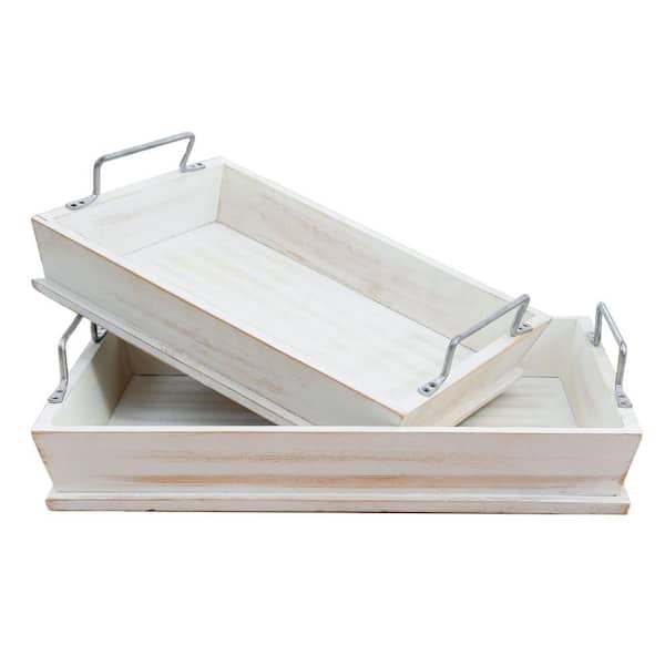 HOMZENE Elegant White in Wooden Brown Tray (Set-2) Piece Multi-Purpose Serving Tray with Metal Handles, Vintage Style