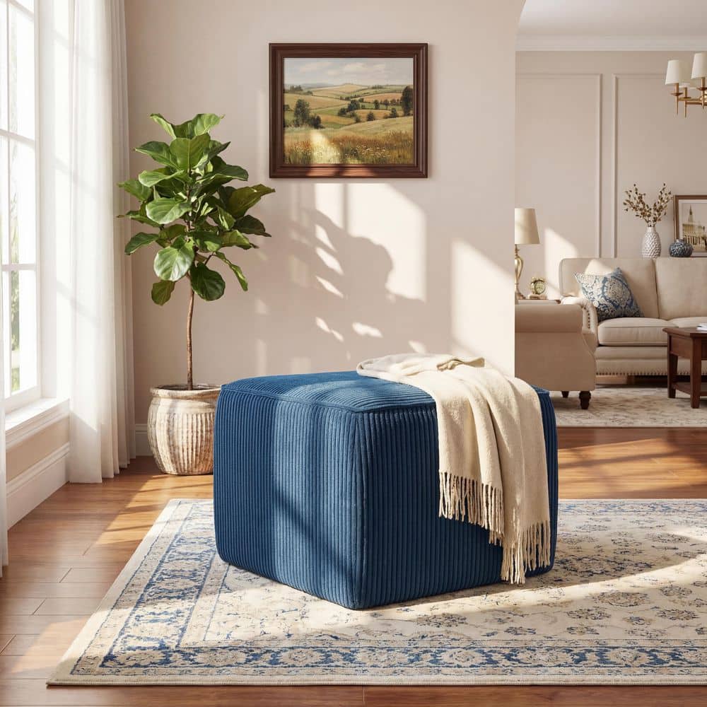 Yzabella Modern Blue Corduroy Fabric Upholstered Square Accent Ottoman