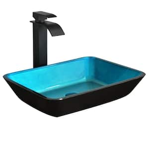 Glass Rectangular Vessel Bathroom Sink in Turquoise Blue with Faucet and Pop-Up Drain in Matte Black