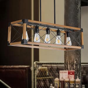 5-Light Brown Rectangular Farmhouse Chandelier Fixture for Kitchen Island Dining Room with Solid Wood Frame