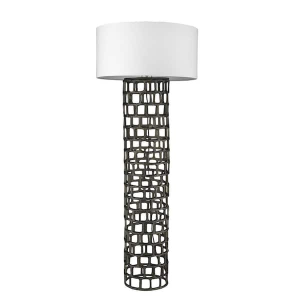 HomeRoots 64.5 in. Black and White 1 Light 1-Way (On/Off) Column Floor Lamp for Liviing Room with Cotton Round Shade