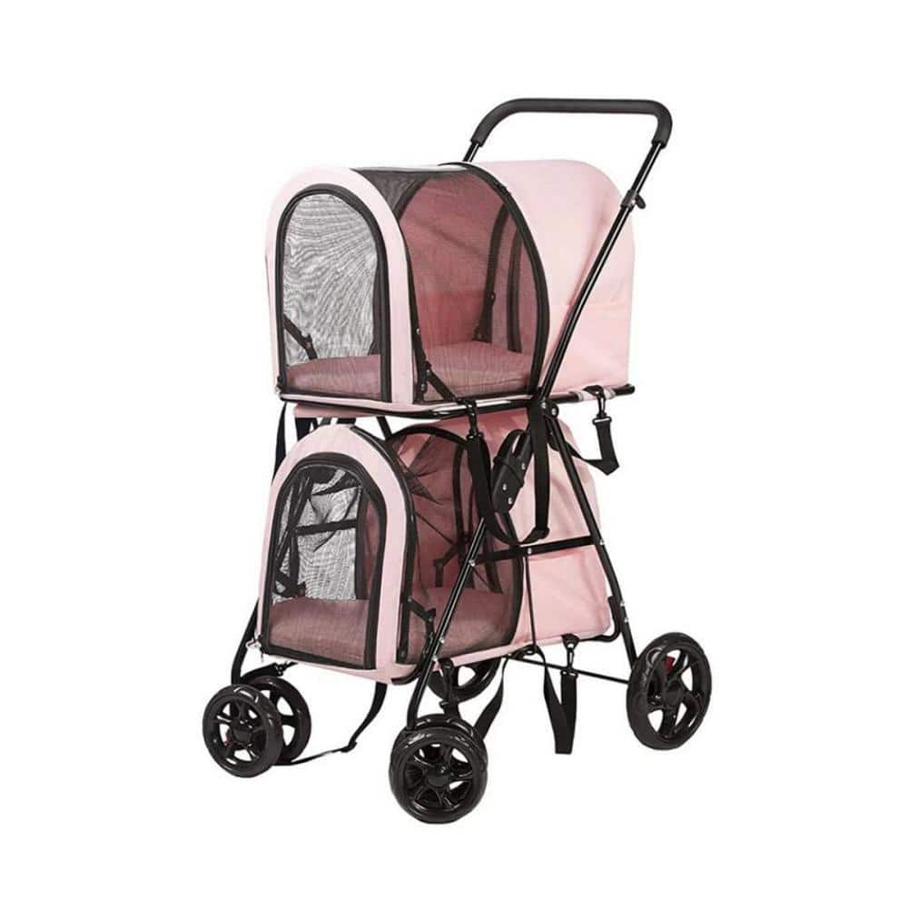 Pink Detachable 3-in-1 Double Pet Stroller with 2 Travel Carriage Bags