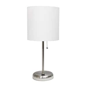 19.5 in. White Stick Lamp with USB Charging Port and Fabric Shade