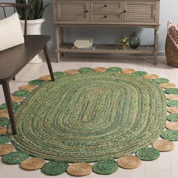 Cape Cod 6 ft. x 9 ft. Oval Green/Natural Circles Border Area Rug