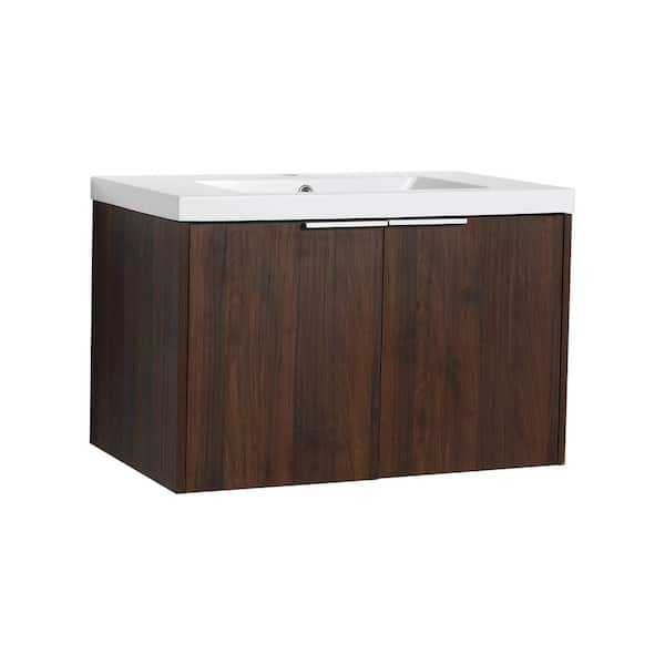 29.50 in. W x 18.10 in. D x 19.30 in. H Floating Wall-Mounted Bath Vanity in California Walnut with White Resin Top