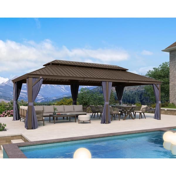 PURPLE LEAF 12 ft.x 24 ft.Bronze Aluminum Power-Coated Frame Galvanized Steel Double Roof Hardtop Gazebo,Hooks, Netting,Blue Curtain