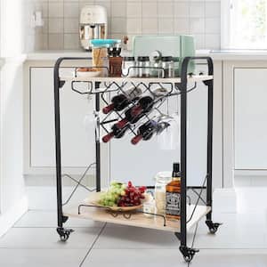 Brown Wood Kitchen Cart with Wine Racks and Glasses Holders