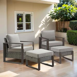 Allcot 4-Piece Outdoor Gray Wicker Patio Lounge Chair Outdoor Chairs Set of 2 with Ottomans with Gray Cushions