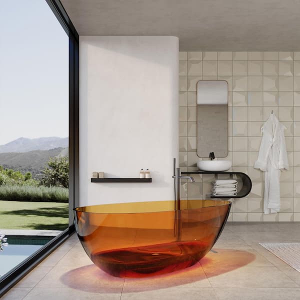 Modern 67 in. x 33 in. Soaking Transparent Resin Bathtub with Center Drain and Hose in Deep Brown
