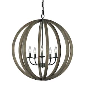 Allier 5-Light Weathered Oak Wood/Antique Forged Iron Rustic Farmhouse Hanging Candlestick Globe Chandelier