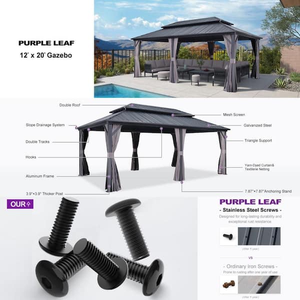 PURPLE LEAF 12 ft. x 20 ft. Gray Aluminum Hardtop Gazebo Canopy