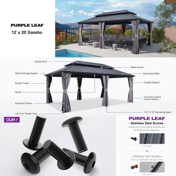 PURPLE LEAF 12 ft. x 20 ft. Gray Aluminum Hardtop Gazebo Canopy