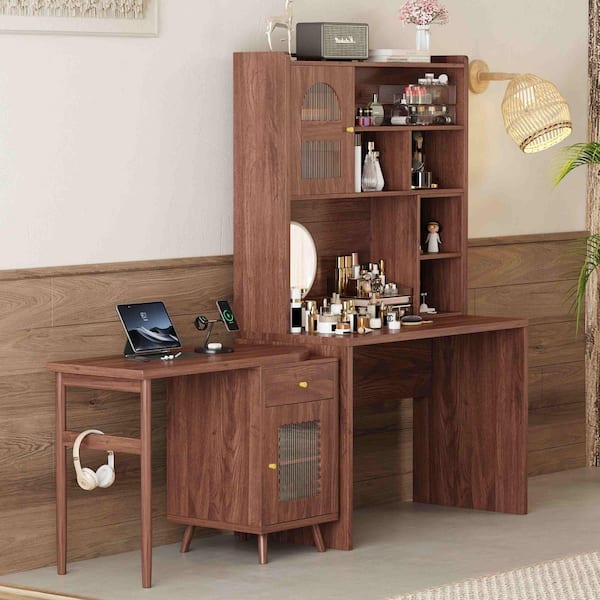 Walnut Makeup Vanity Set with Storage Drawer, Cabinets and Shelves