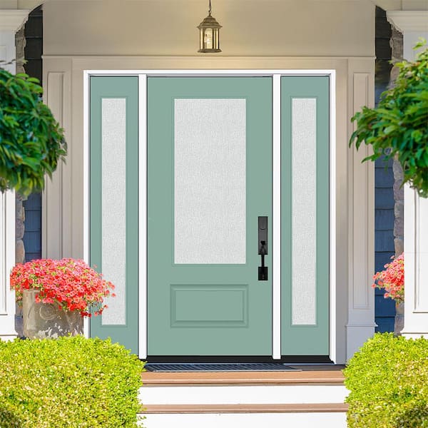 Legacy 64 in. x 80 in. 3/4 Lite Rain Glass LHIS Quarry Finish Fiberglass Prehung Front Door with dB 12 in. SL