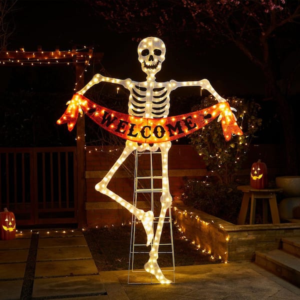 Plug in-86.25 in. H Lighted Halloween 2D Skeleton Outdoor Decor with 220 warm White LED Lights