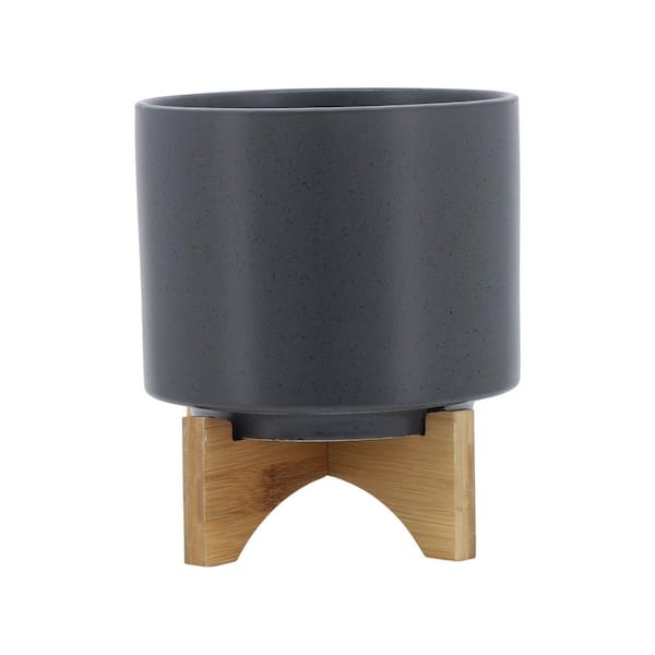 Flynama 8 in. Gray Ceramic Planter Stand Plant Pot with Wood Stand Feet for Outdoor/Indoor(1-Pack)