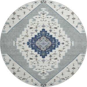 Mayfield Premium Machine Washable Abstract AMF2472 Ivory 8 ft. x 8 ft. Round Rug