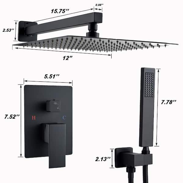 1-Spray Rainfall 12 in. Dual Shower Head Wall Mount Fixed and Handheld Shower Faucet System 1.8 GPM in Matte Black