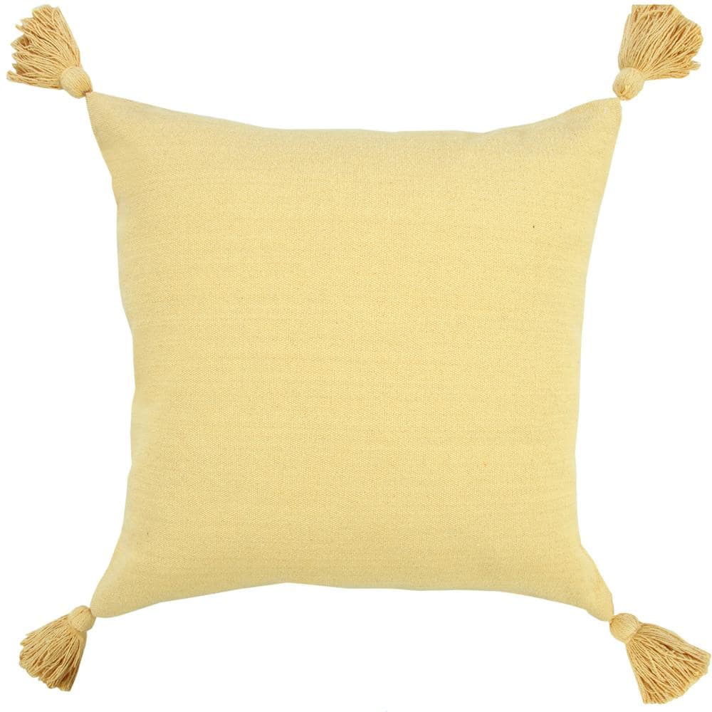 Yellow Cotton Square Throw Pillow with Tassels