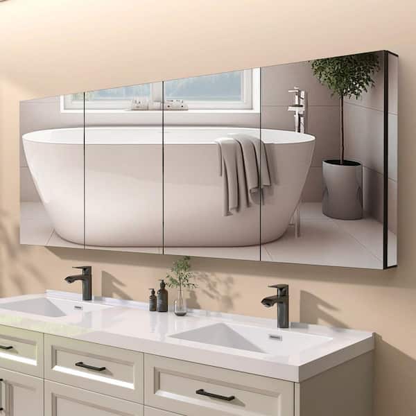 SHIN 80 in. W x 30 in. H Large Rectangular Recessed/Surface Mount Black Waterproof Aluminum Medicine Cabinet with Mirror
