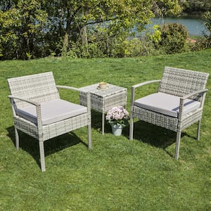 Cute 3-Piece Gray Wicker Patio Conversation Set with Gray Cushions